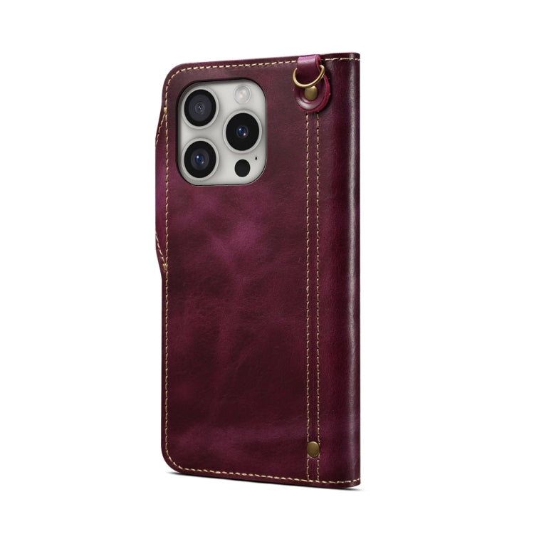 For iPhone 16 Pro Denior B01 Oil Wax Cowhide Magnetic Button Genuine Leather Case(Purple) by Denior