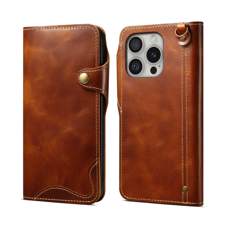 For iPhone 16 Pro Denior B01 Oil Wax Cowhide Magnetic Button Genuine Leather Case(Brown) by Denior
