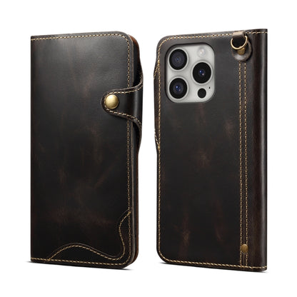 For iPhone 16 Pro Max Denior B01 Oil Wax Cowhide Magnetic Button Genuine Leather Case(Black) by Denior