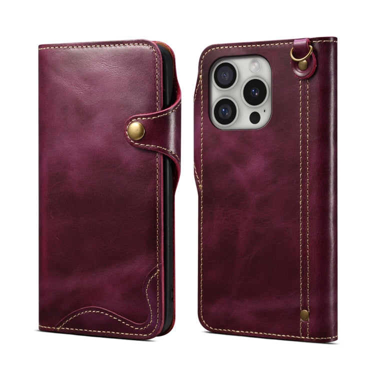 For iPhone 16 Pro Max Denior B01 Oil Wax Cowhide Magnetic Button Genuine Leather Case(Purple) by Denior