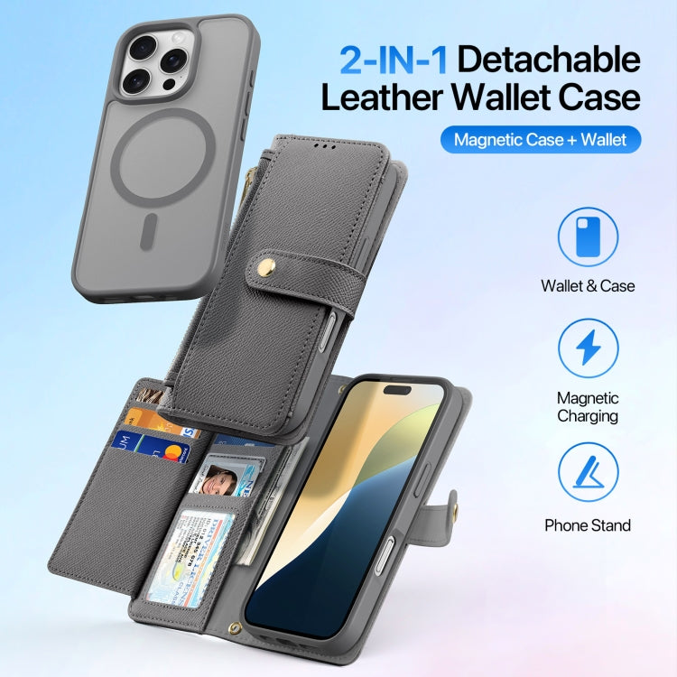 For iPhone 16 Pro Max DUX DUCIS Lawa Series 2 in 1 Wallet Zipper Detachable MagSafe Phone Case with Lanyard(Grey) by DUX DUCIS