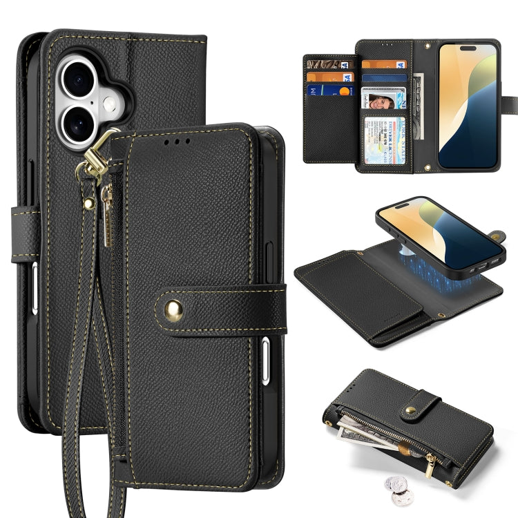 For iPhone 16 Plus DUX DUCIS Lawa Series 2 in 1 Wallet Zipper Detachable MagSafe Phone Case with Lanyard(Black) by DUX DUCIS