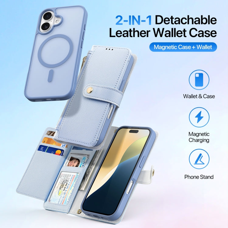 For iPhone 16 Plus DUX DUCIS Lawa Series 2 in 1 Wallet Zipper Detachable MagSafe Phone Case with Lanyard(Light Blue) by DUX DUCIS