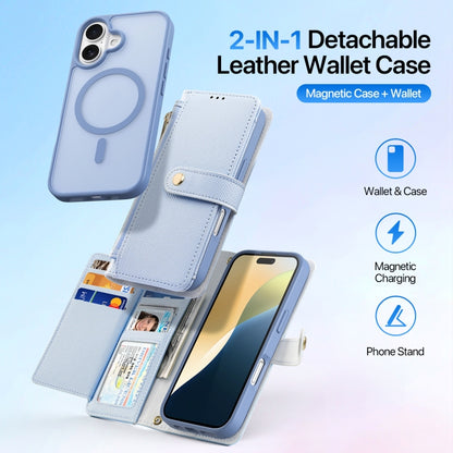 For iPhone 16 Plus DUX DUCIS Lawa Series 2 in 1 Wallet Zipper Detachable MagSafe Phone Case with Lanyard(Light Blue) by DUX DUCIS