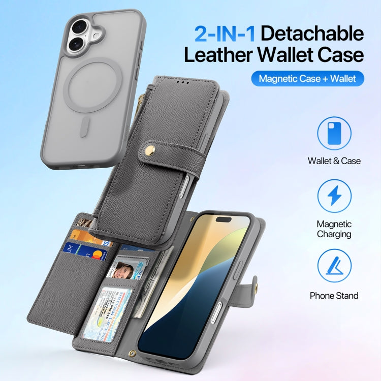 For iPhone 16 DUX DUCIS Lawa Series 2 in 1 Wallet Zipper Detachable MagSafe Phone Case with Lanyard(Grey) by DUX DUCIS