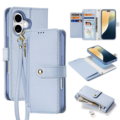 For iPhone 16 DUX DUCIS Lawa Series 2 in 1 Wallet Zipper Detachable MagSafe Phone Case with Lanyard(Light Blue) by DUX DUCIS