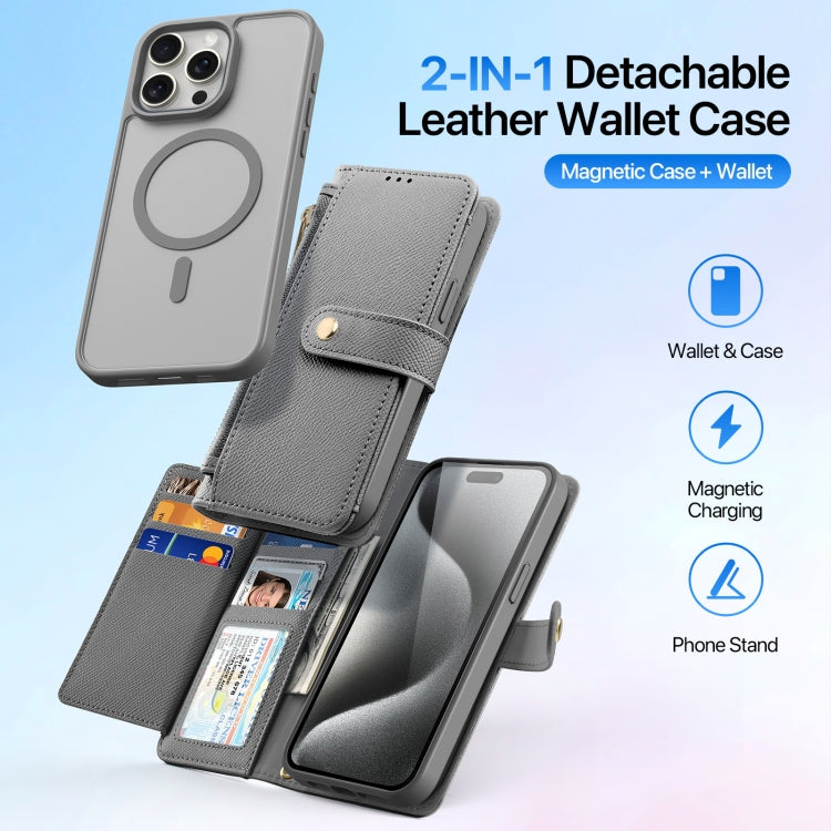 For iPhone 15 Pro Max DUX DUCIS Lawa Series 2 in 1 Wallet Zipper Detachable MagSafe Phone Case with Lanyard(Grey) by DUX DUCIS