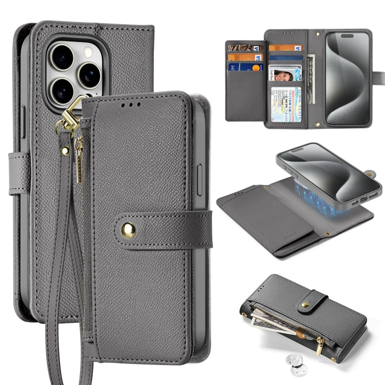 For iPhone 15 Pro DUX DUCIS Lawa Series 2 in 1 Wallet Zipper Detachable MagSafe Phone Case with Lanyard(Grey) by DUX DUCIS