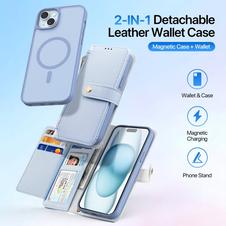 For iPhone 15 Plus DUX DUCIS Lawa Series 2 in 1 Wallet Zipper Detachable MagSafe Phone Case with Lanyard(Light Blue) by DUX DUCIS