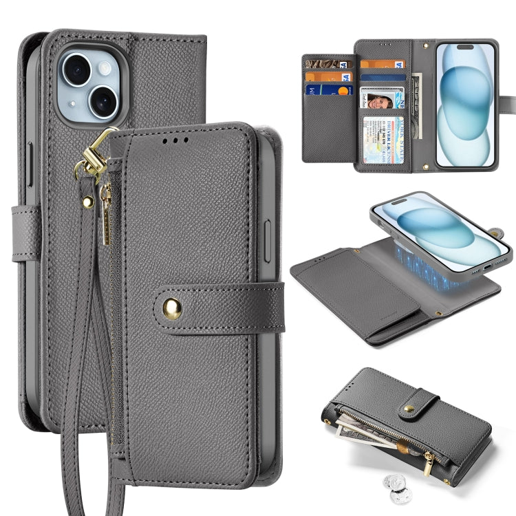 For iPhone 15 DUX DUCIS Lawa Series 2 in 1 Wallet Zipper Detachable MagSafe Phone Case with Lanyard(Grey) by DUX DUCIS