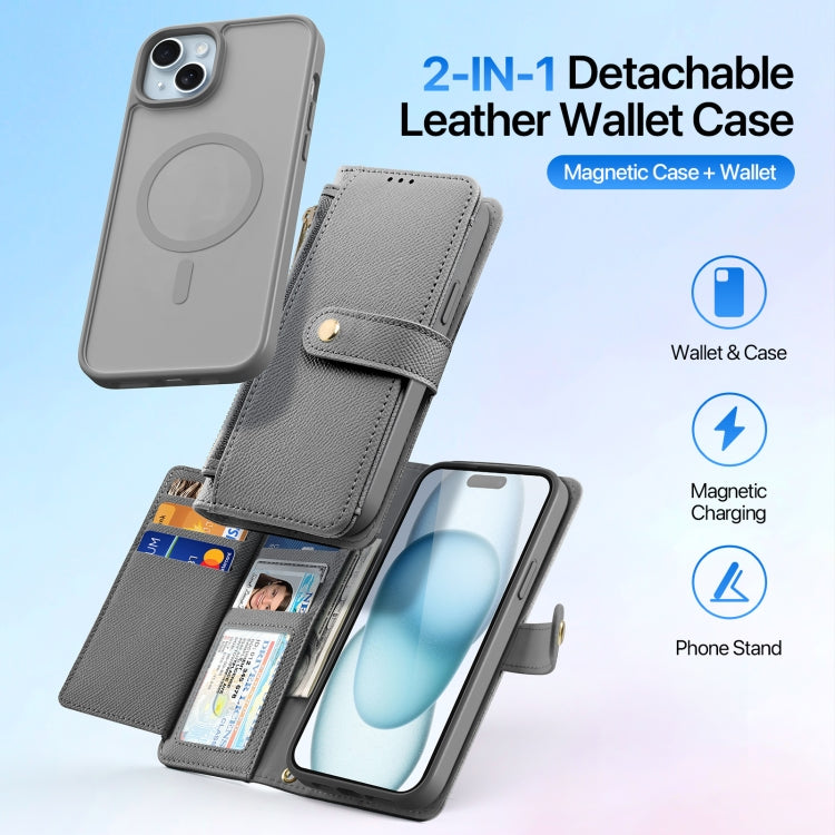 For iPhone 15 DUX DUCIS Lawa Series 2 in 1 Wallet Zipper Detachable MagSafe Phone Case with Lanyard(Grey) by DUX DUCIS