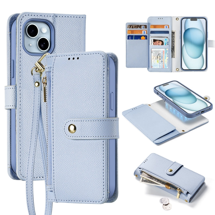 For iPhone 15 DUX DUCIS Lawa Series 2 in 1 Wallet Zipper Detachable MagSafe Phone Case with Lanyard(Light Blue) by DUX DUCIS