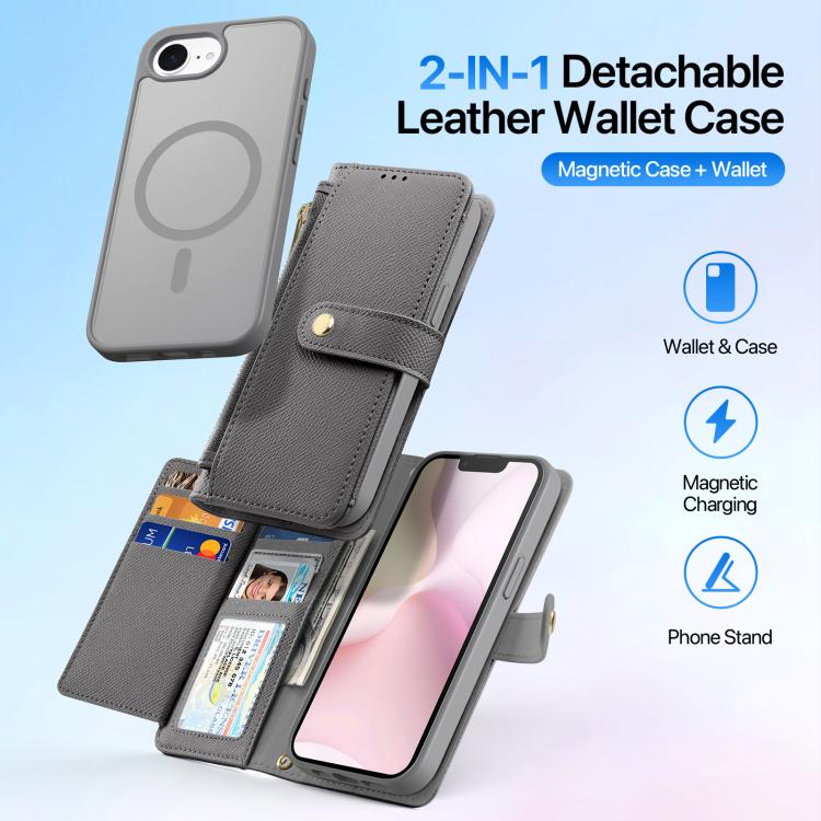 For iPhone 16e DUX DUCIS Lawa Series 2 in 1 Wallet Zipper Detachable MagSafe Phone Case with Lanyard(Grey) by DUX DUCIS