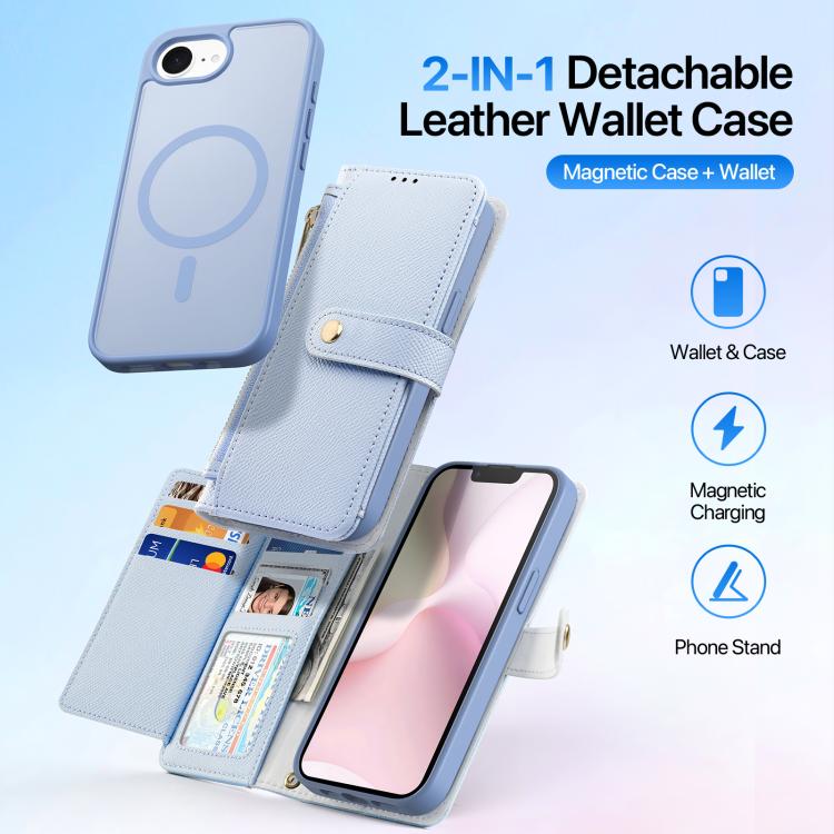 For iPhone 16e DUX DUCIS Lawa Series 2 in 1 Wallet Zipper Detachable MagSafe Phone Case with Lanyard(Light Blue) by DUX DUCIS