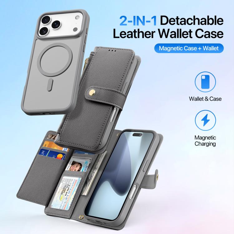 For iPhone 17 Pro Max DUX DUCIS Lawa Series 2 in 1 Wallet Zipper Detachable MagSafe Phone Case with Lanyard(Grey) by DUX DUCIS
