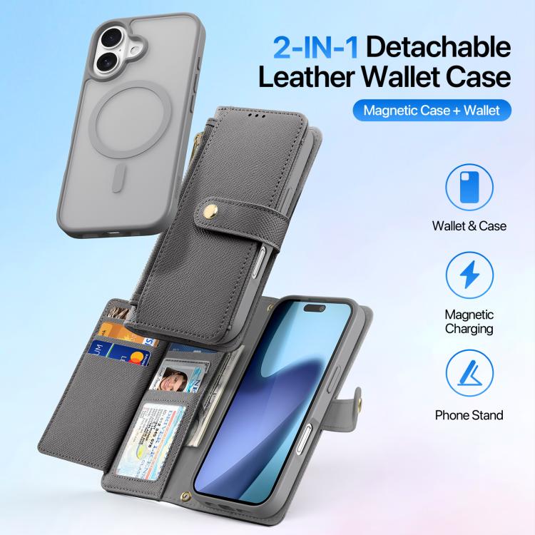 For iPhone 17 DUX DUCIS Lawa Series 2 in 1 Wallet Zipper Detachable MagSafe Phone Case with Lanyard(Grey) by DUX DUCIS