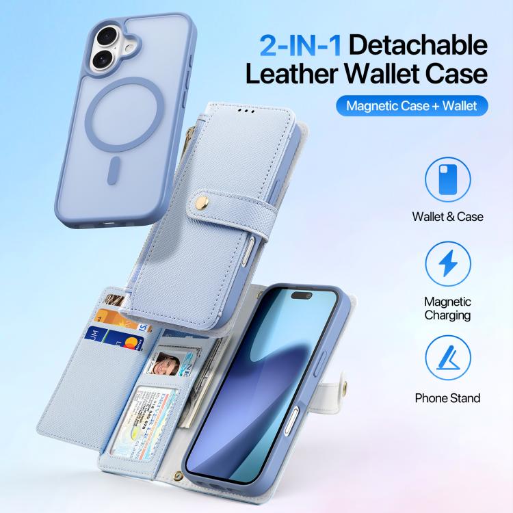 For iPhone 17 DUX DUCIS Lawa Series 2 in 1 Wallet Zipper Detachable MagSafe Phone Case with Lanyard(Light Blue) by DUX DUCIS