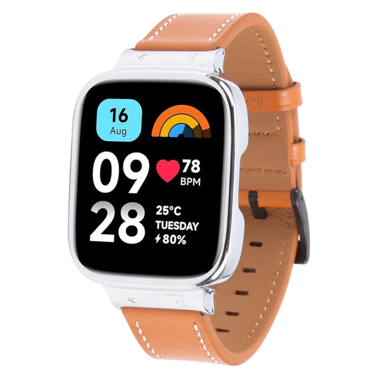 For Redmi Watch 3 Lite Metal Frame Integrated Leather Watch Band(Brown) by bashfashion