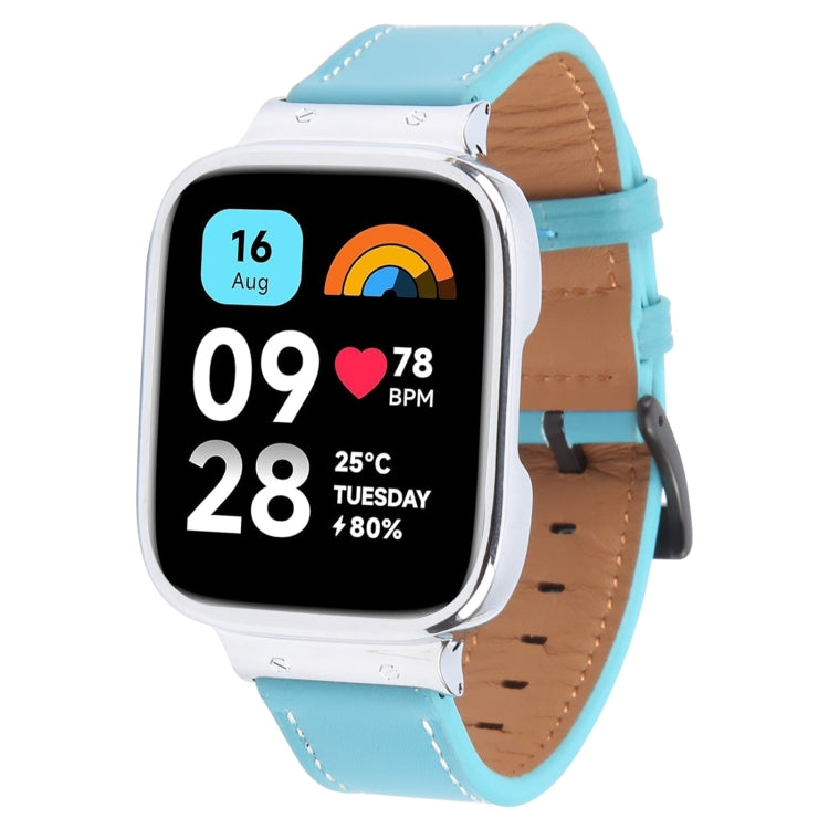 For Redmi Watch 3 Lite Metal Frame Integrated Leather Watch Band(Blue) by bashfashion