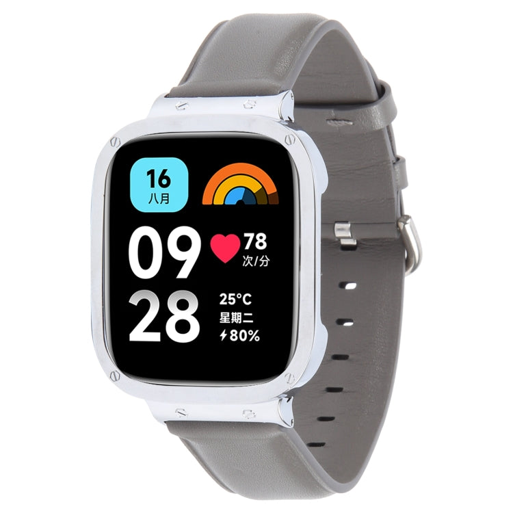 For Redmi Watch 3 Lite Metal Frame Integrated Genuine Leather Watch Band(Grey) by bashfashion