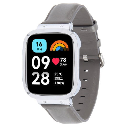 For Redmi Watch 3 Lite Metal Frame Integrated Genuine Leather Watch Band(Grey) by bashfashion