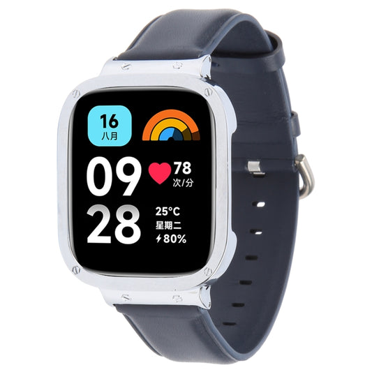 For Redmi Watch 3 Lite Metal Frame Integrated Genuine Leather Watch Band(Dark Blue) by bashfashion