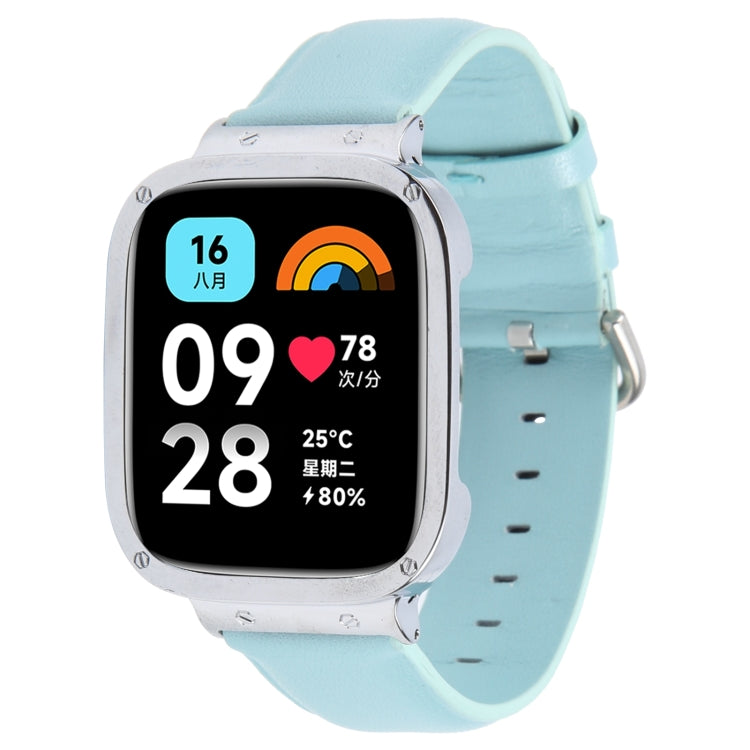 For Redmi Watch 3 Lite Metal Frame Integrated Genuine Leather Watch Band(Sky Blue) by bashfashion
