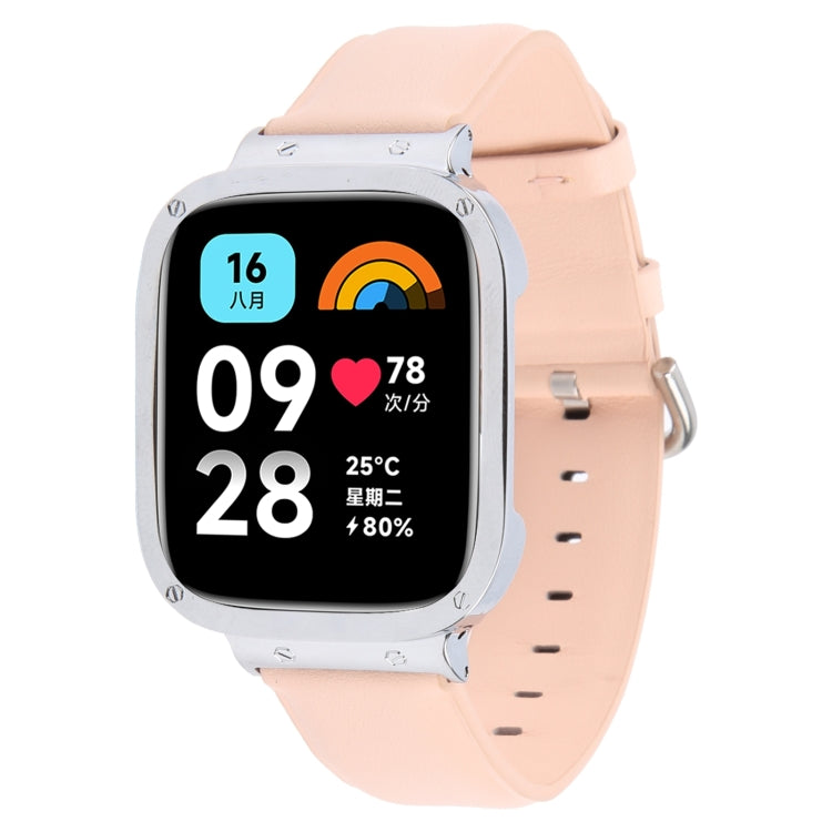 For Redmi Watch 3 Lite Metal Frame Integrated Genuine Leather Watch Band(Pink) by bashfashion