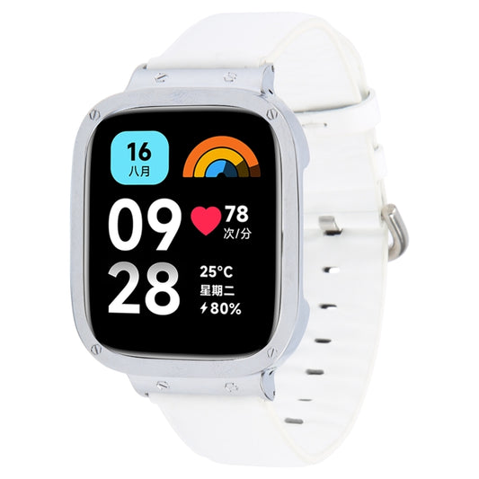 For Redmi Watch 3 Lite Metal Frame Integrated Genuine Leather Watch Band(White) by bashfashion