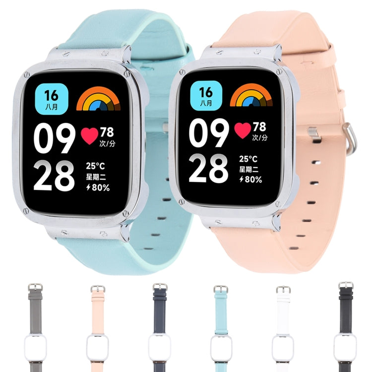 For Redmi Watch 3 Lite Metal Frame Integrated Genuine Leather Watch Band(Sky Blue) by bashfashion