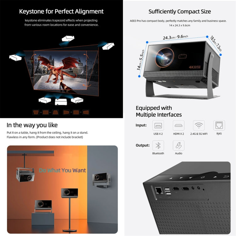 AUN A003 Pro 1920 x 1080P 350 Lumens Portable Home Theater LED HD Digital Projector, UK Plug(Grey) by AUN