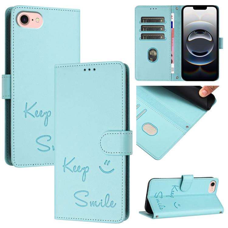 For iPhone SE 2024 Smile Embossing RFID Leather Phone Case(Mint Green) by bashfashion