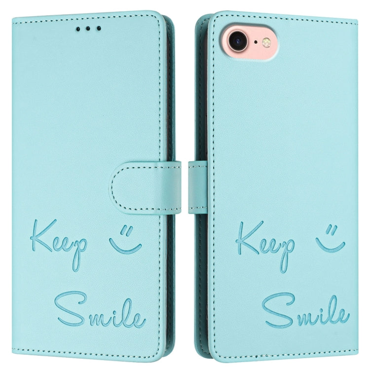 For iPhone SE 2024 Smile Embossing RFID Leather Phone Case(Mint Green) by bashfashion