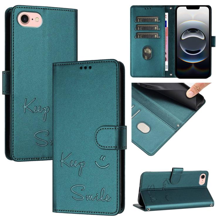 For iPhone SE 2024 Smile Embossing RFID Leather Phone Case(Peacock Green) by bashfashion