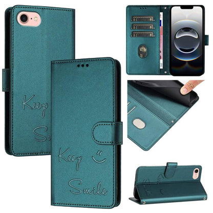 For iPhone SE 2024 Smile Embossing RFID Leather Phone Case(Peacock Green) by bashfashion