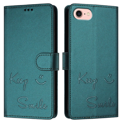 For iPhone SE 2024 Smile Embossing RFID Leather Phone Case(Peacock Green) by bashfashion