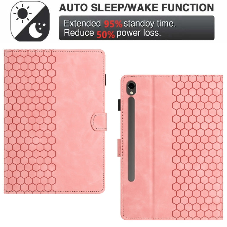 For Samsung Galaxy Tab S9 / S9 FE Honeycomb Embossed Leather Smart Tablet Case(Pink) by bashfashion