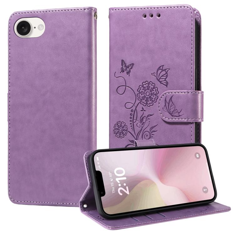 For iPhone 16e Embossed Butterfly Flowers Leather Phone Case(Purple) by bashfashion