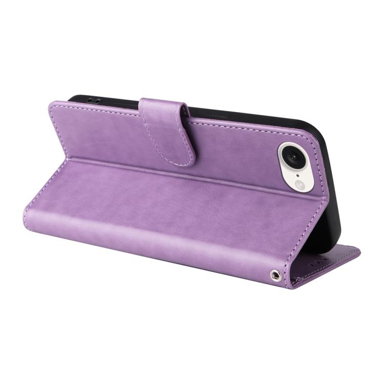 For iPhone 16e Embossed Butterfly Flowers Leather Phone Case(Purple) by bashfashion