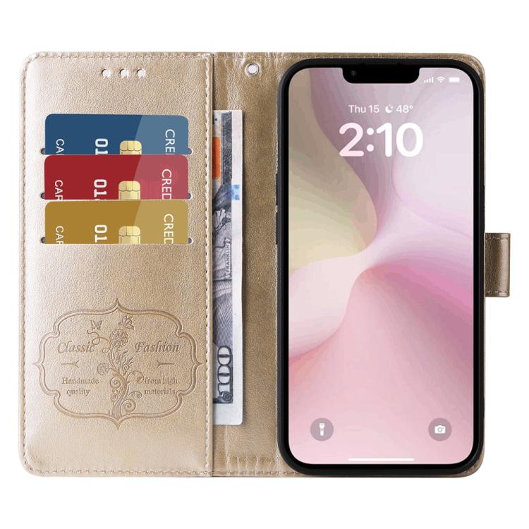 For iPhone 16e Embossed Butterfly Flowers Leather Phone Case(Gold) by bashfashion