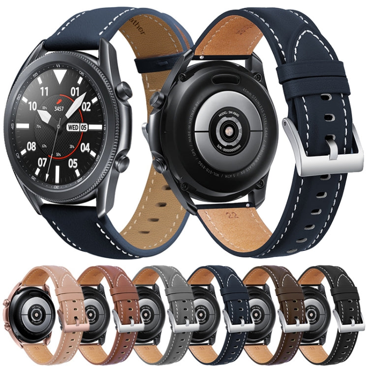 For Samsung Galaxy Watch3 45mm Leather Silver Buckle Watch Band(Dark Blue) by bashfashion