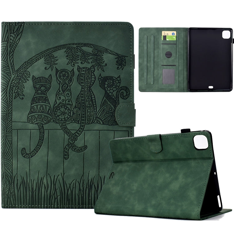 For iPad Pro 11 2025 / 2024 Cats Embossed Leather Smart Tablet Case(Green)
