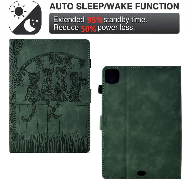 For iPad Pro 11 2025 / 2024 Cats Embossed Leather Smart Tablet Case(Green)