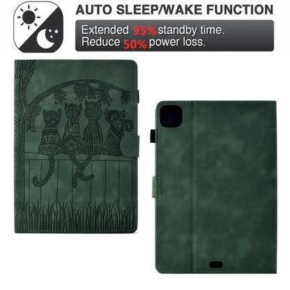 For iPad Pro 11 2025 / 2024 Cats Embossed Leather Smart Tablet Case(Green)