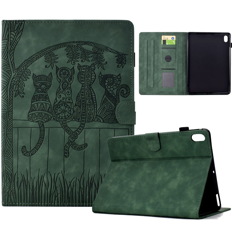 For iPad 2025 / 2022 Cats Embossed Leather Smart Tablet Case(Green) by bashfashion