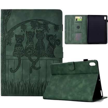 For iPad 2025 / 2022 Cats Embossed Leather Smart Tablet Case(Green) by bashfashion