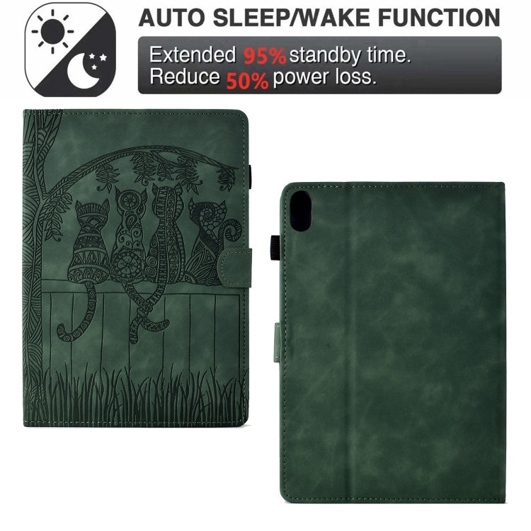 For iPad 2025 / 2022 Cats Embossed Leather Smart Tablet Case(Green) by bashfashion