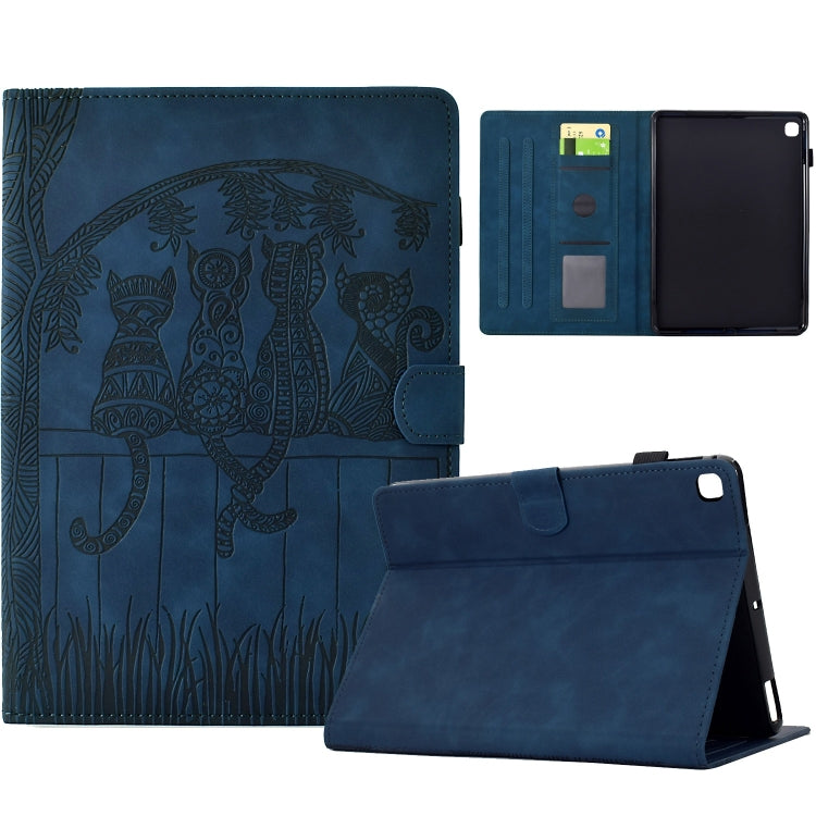 For Samsung Galaxy Tab S6 Lite P610 Cats Embossed Leather Smart Tablet Case(Dark Blue) by bashfashion