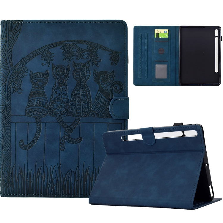 For Samsung Galaxy Tab S9 / S9 FE Cats Embossed Leather Smart Tablet Case(Dark Blue) by bashfashion