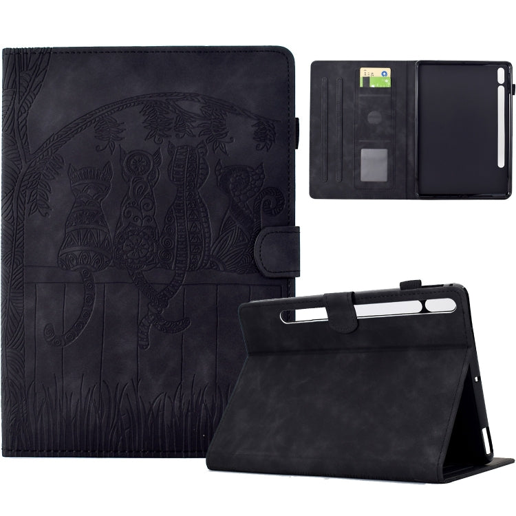 For Samsung Galaxy Tab S9 / S9 FE Cats Embossed Leather Smart Tablet Case(Black) by bashfashion